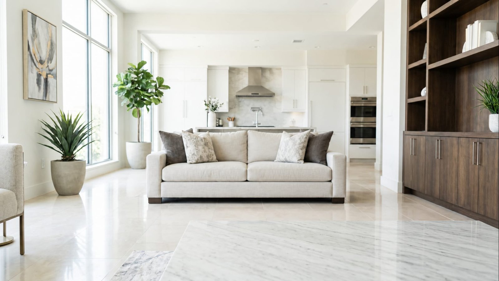 The Canales Perfection team detailing a bright, luxury living room in Arlington, Texas.